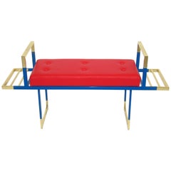 Mondrian Red Bench in Leather with Pink Glossy Brass and Black Iron, Italy
