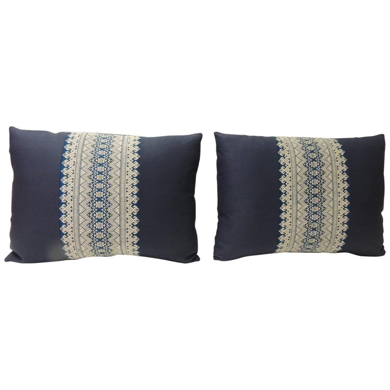 Pair Of Vintage Blue And White Embroidered Asian Decorative Lumbar Pair Of Vintage Blue And White Embroidered Asian Decorative Lumbar Pillows For