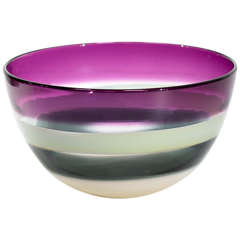 Large Blue Banded Tall Bowl, Blown Glass by Siemon and Salazar For Sale