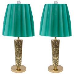 Pair of Bronze Table Lamps with Green Opaline Glass Shade