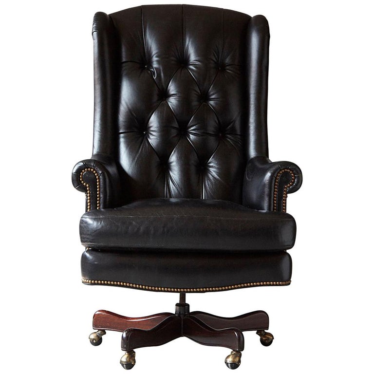 Vintage Tufted Distressed Leather Library Desk Swivel Chair At 1stdibs Tufted Black Leather Swivel Tilt Executive Chair By Han Moore