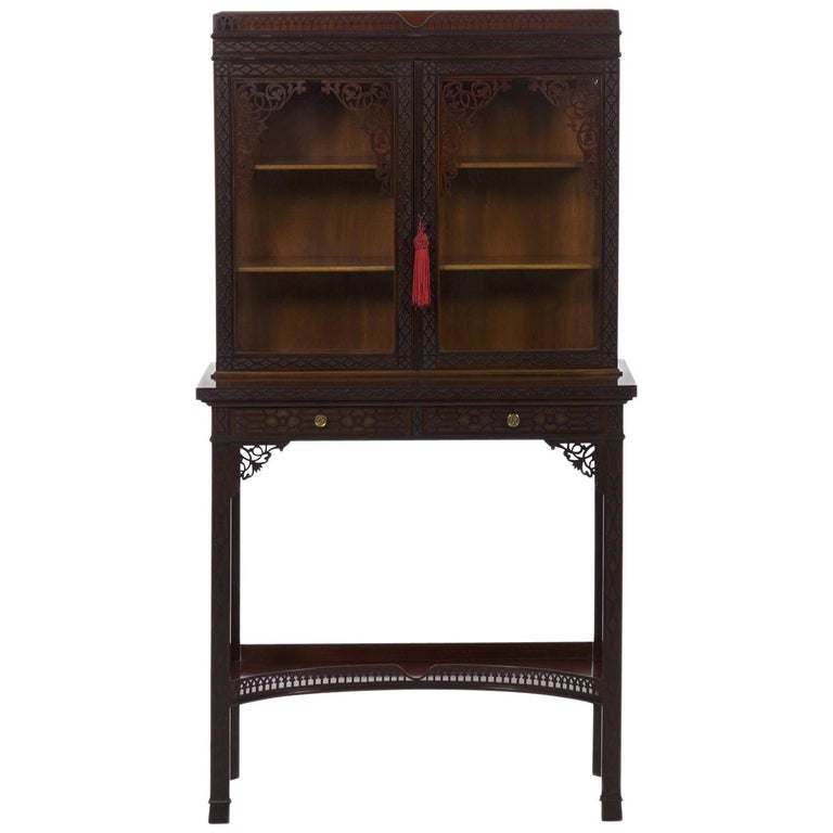 Chinese Chippendale Style Mahogany Antique Curio Cabinet By James Chinese Chippendale Style Mahogany Antique Curio Cabinet by James Lamb For Sale - Chinese Chippendale Style Mahogany Antique Curio Cabinet By James
