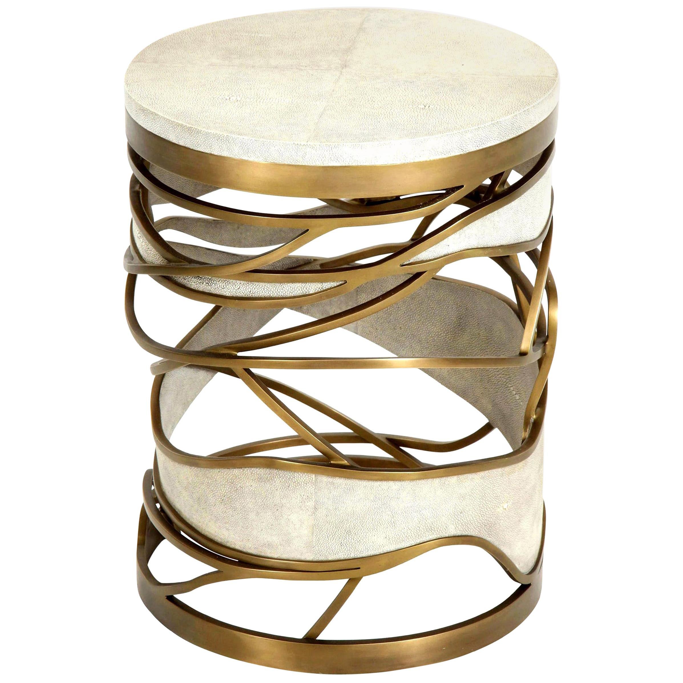 Shagreen Stool or Side Table with Brass Details, Cream Shagreen, Contemporary
