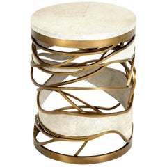 Shagreen Stool or Side Table with Brass Details, Contemporary, Cream Shagreen