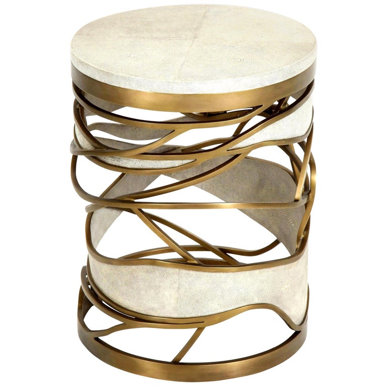 Shagreen Stool or Side Table with Brass Details, Cream Shagreen, Contemporary For Sale