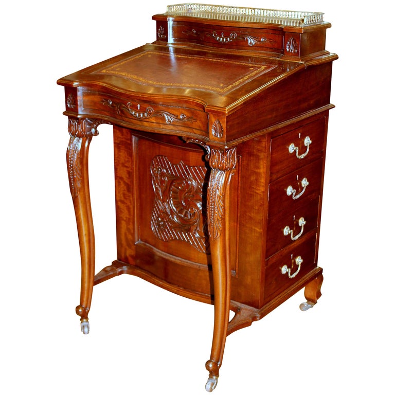 English Marquetry Inlaid Rosewood Davenport Or Ship Captain S Desk Antique English Carved Mahogany Davenport Ship Captain S Desk With Leather Lid