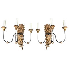 Pair of 18th Century Italian Carved and Gilded Three-Arm Sconces