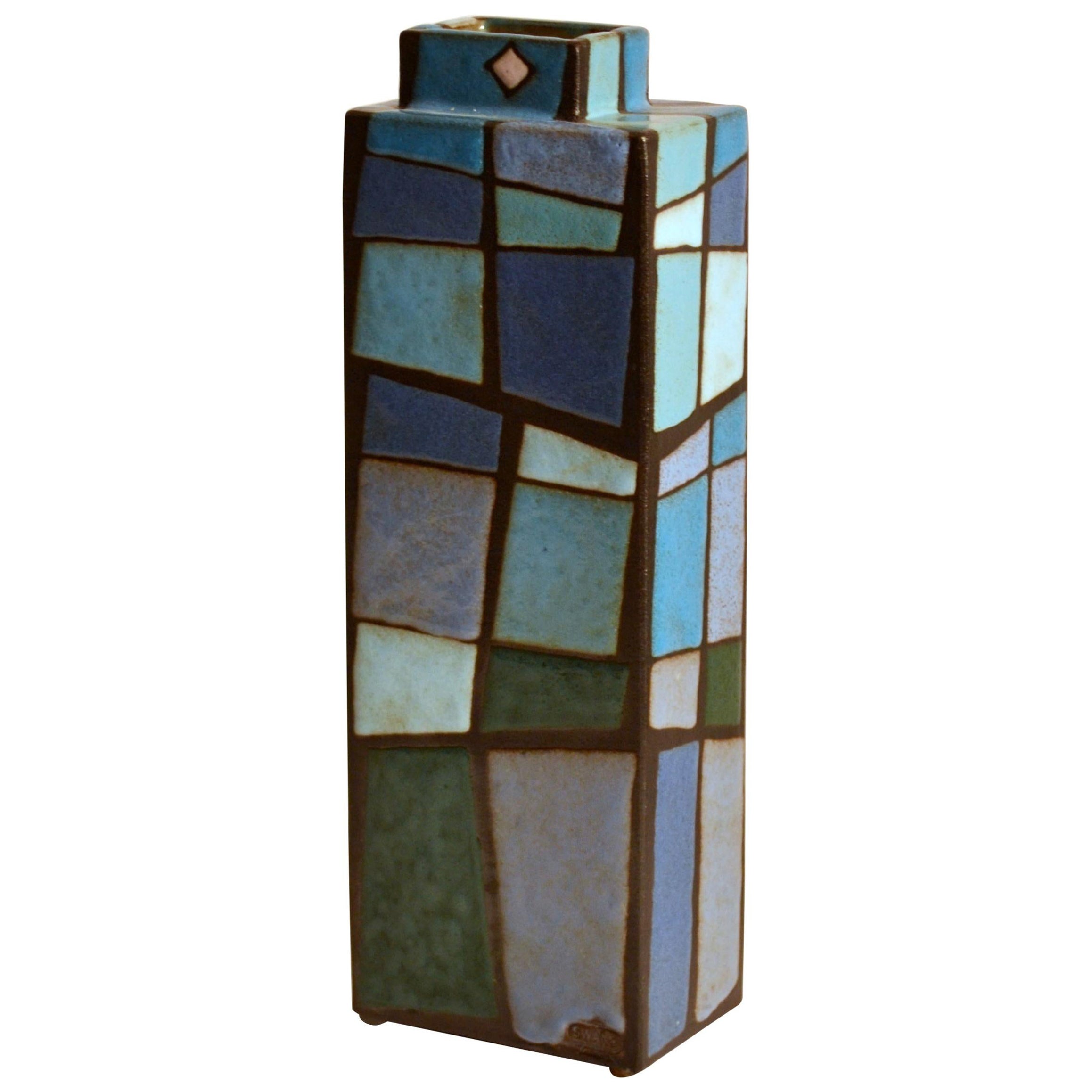 Studio Pottery Vase Rectangular Decorated in Blue and Green Squares For Sale