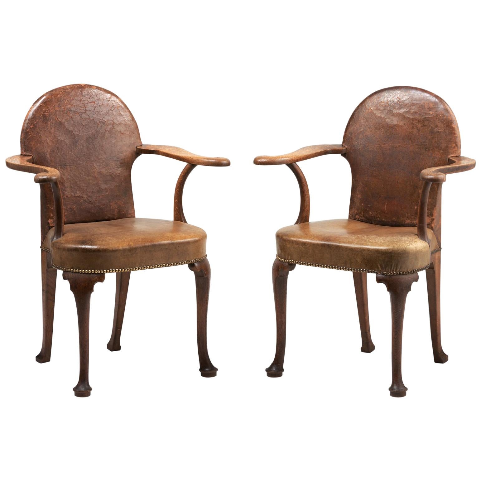 Pair of Edwardian Oak and Leather Armchairs, England, circa 1900