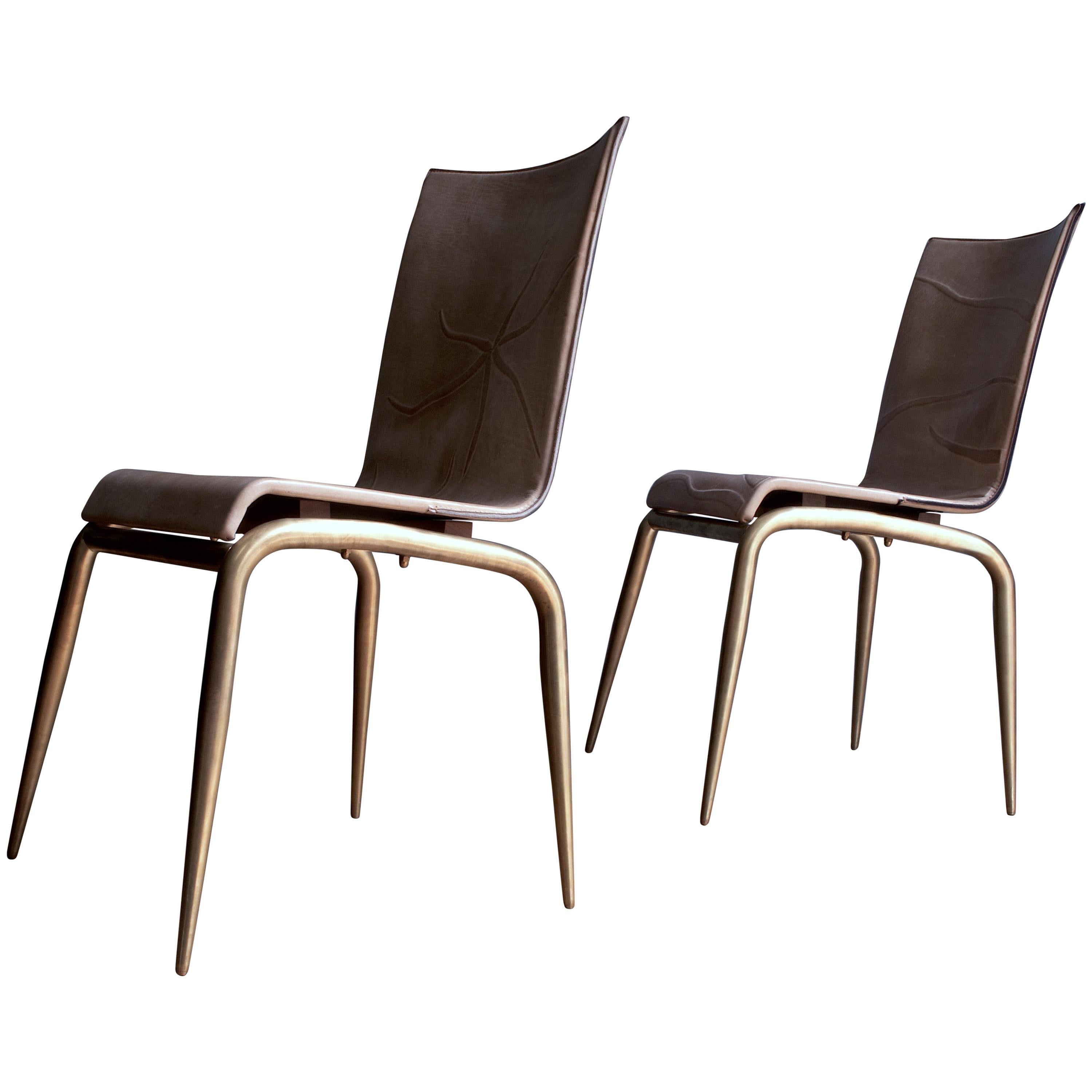 21st Century, Quadricorn- Bas-Relief Full-Grain Leather Brass-Legs Chair For Sale