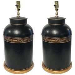 Pair of Regency Style Gilt Decorated Tole Tea Canisters, Now as Lamps