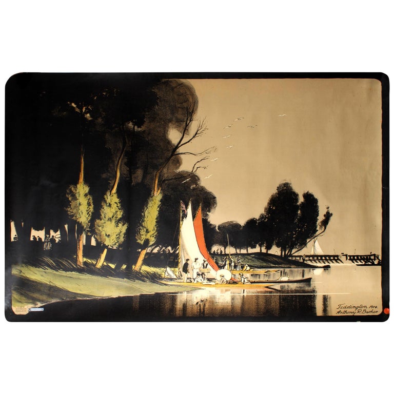 Original Antique Scenic London Underground Poster Ft the River Thames Teddington For Sale