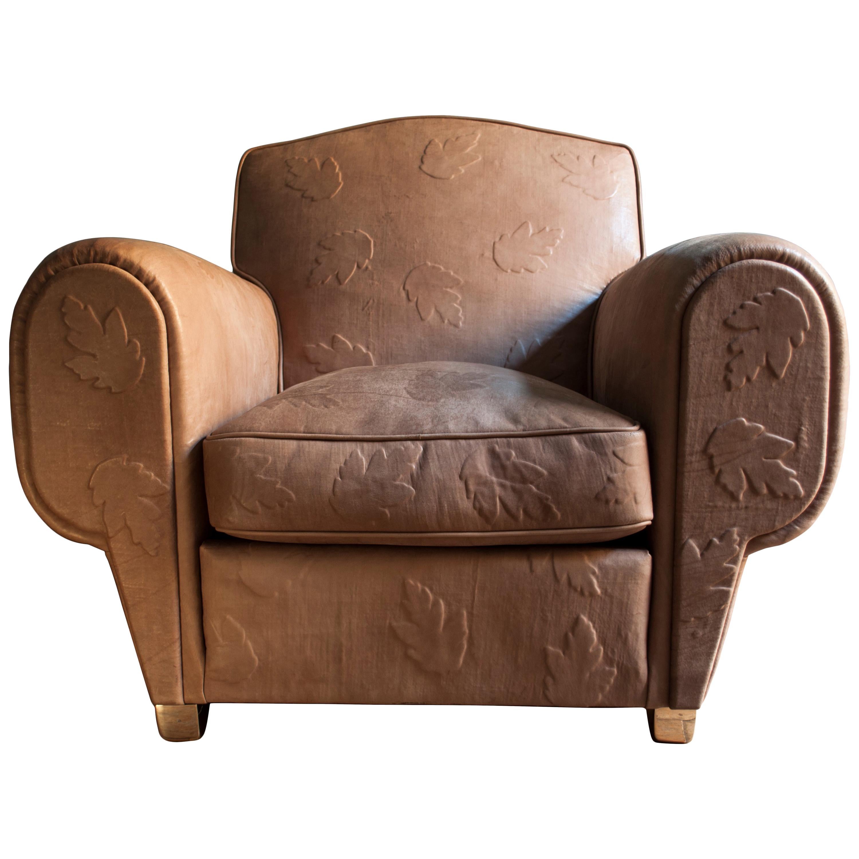 Contemporary Bas-Relief Full Grain-Leather, Club, Armchair For Sale