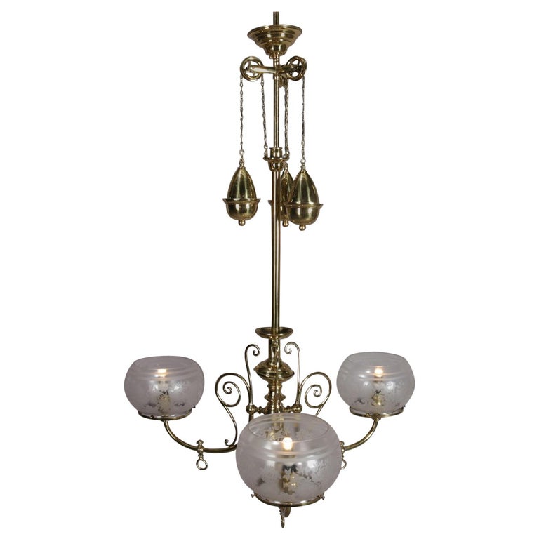 Antique Victorian Brass Three-Light Electrified Gas Chandelier Antique Victorian Brass Three-Light Electrified Gas Chandelier, Weight Driven For Sale - Antique Victorian Brass Three-Light Electrified Gas Chandelier