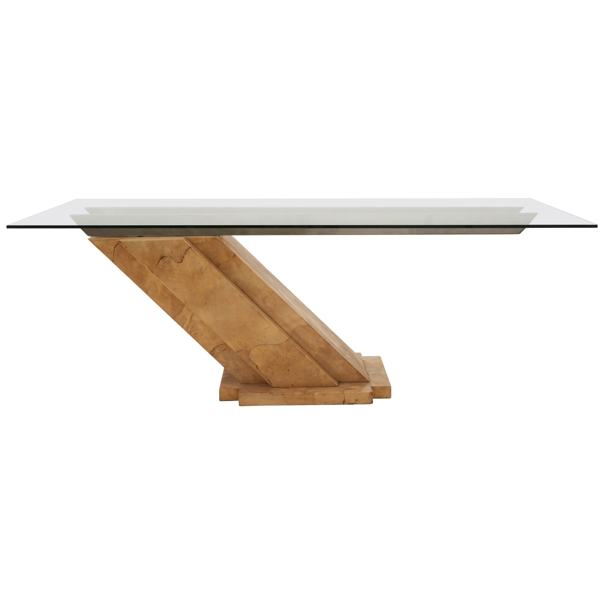 Midcentury Lacquered Vellum Dining Table with Glass Top