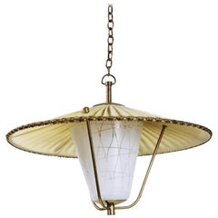 Midcentury Brass and Opaline Glass Lantern Pendant Light, Austria, 1950s