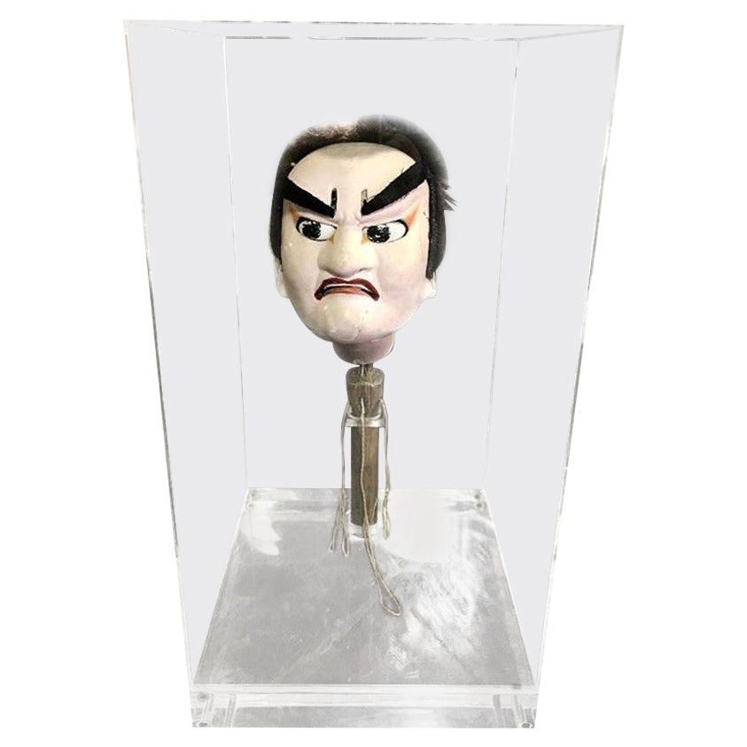 Japanese Bunraku Ningyo Joruri Meiji Edo Puppet Head in Display Case For Sale