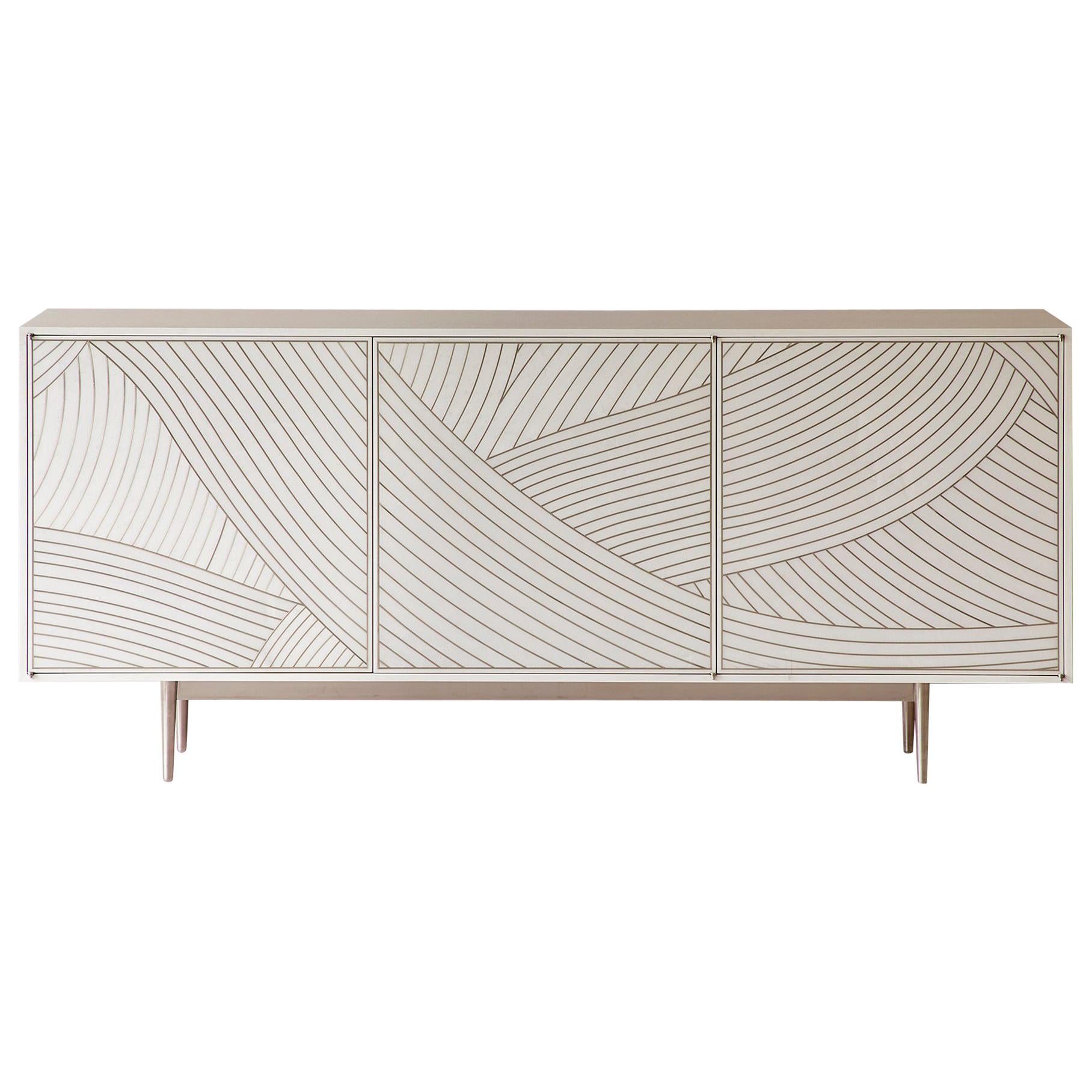 Bethan Gray Dhow Three Door Cabinet in White and Nickel