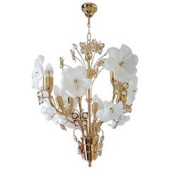 Gilt Chandelier with Murano Glass Flowers and Swarovski Crystals by Murano, 1990