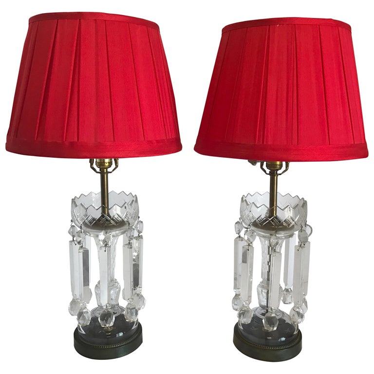 Pair Of French Crystal Girandole Table Lamps With Red Shades For Pair Of French Crystal Girandole Table Lamps With Red Shades For