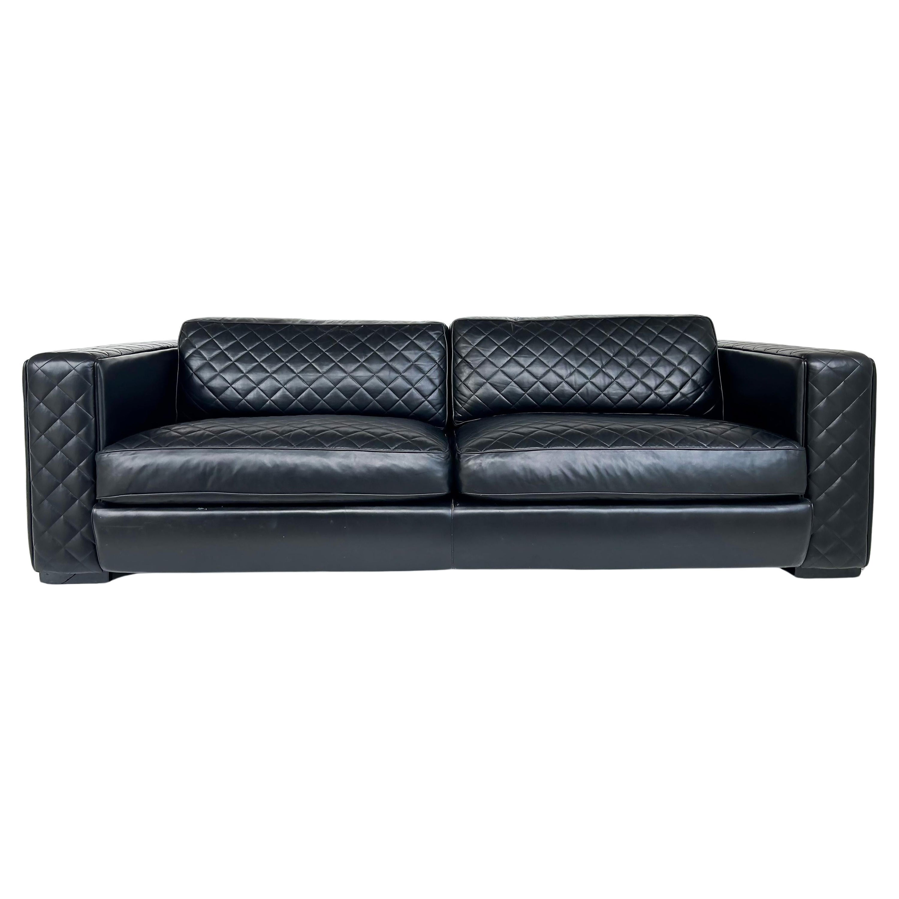  Zanaboni Italy Quilted Black Leather Sofa, Loose Quilted Back and Seat Cushion For Sale