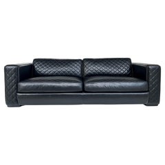  Zanaboni Italy Quilted Black Leather Sofa, Loose Quilted Back and Seat Cushion