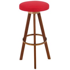 Two Red Hans Olsen Danish Modern Teak Bar Stools, Frem Rojle, Denmark, 1960s