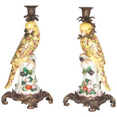 20th Century Pair of Gilt Bronze Mounted Porcelain Parrot Candlesticks