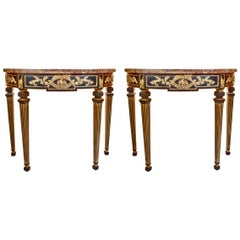 Pair of Antique French Louis XVI Style Ebony and Giltwood Marble Top Consoles