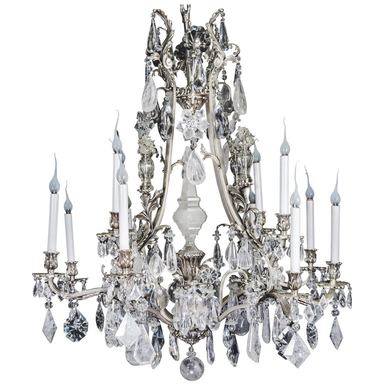 Unique Antique French Louis XVI Style Silver Bronze And Rock Crystal Unique Antique French Louis XVI Style Silver Bronze and Rock Crystal Chandelier For Sale - Unique Antique French Louis XVI Style Silver Bronze And Rock Crystal