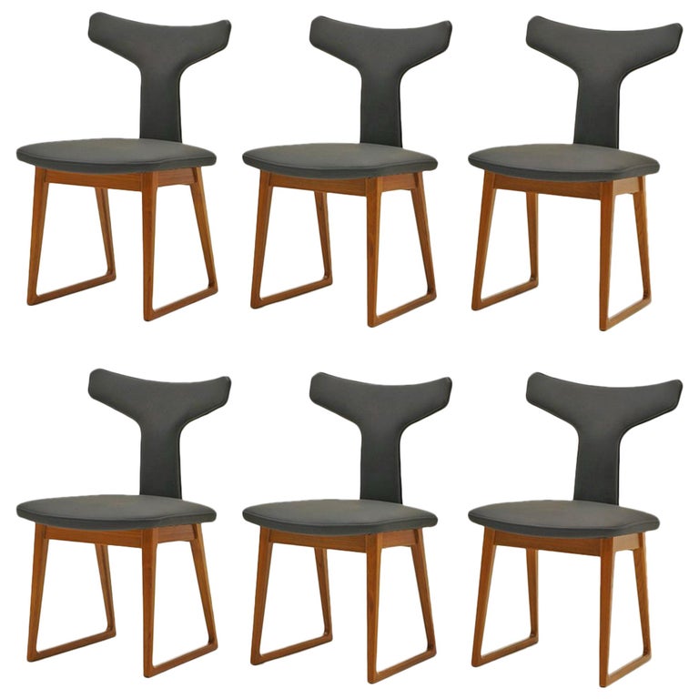 Rare Set of Six Dining Chairs by Arne Vodder for Sibast, Teak and Black Leather For Sale