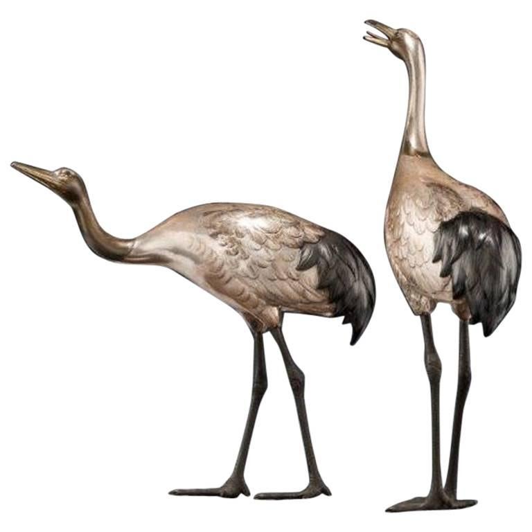 Taishō ‬Period Silvered Bronze Storks