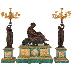 Neoclassical Style Patinated Bronze, Ormolu and Malachite Clock Set
