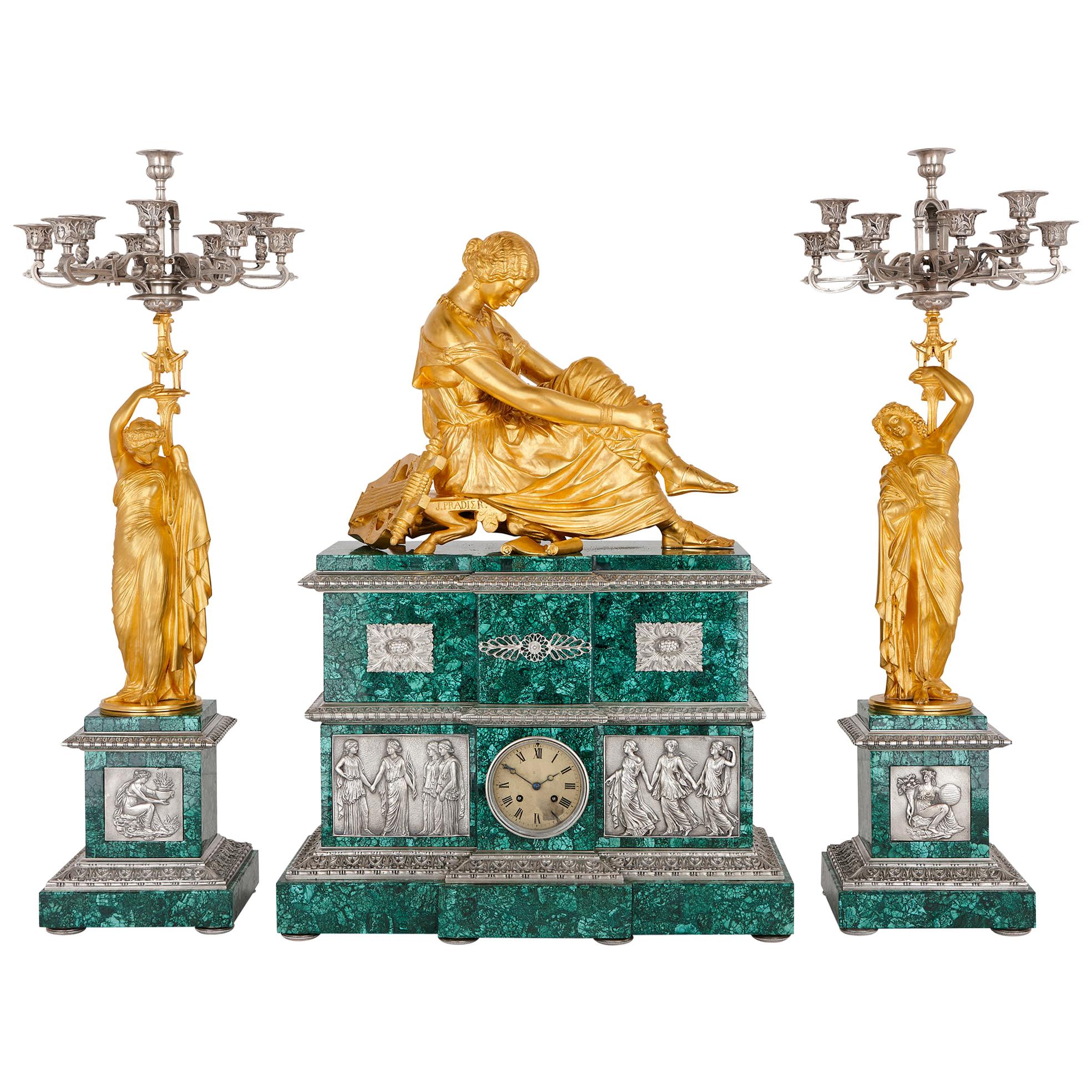 Neoclassical Style Malachite, Silvered and Gilt Bronze Clock Set