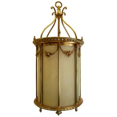 Large Gilt Bronze and Leaded Glass Neoclassical Style Lantern