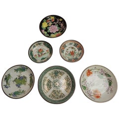 Set of Six Asian Export Round Floral Plates on Metal Casings