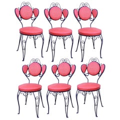Set of Six Hollywood Regency Red Wrought Iron Ice Cream Parlor Dining Chairs
