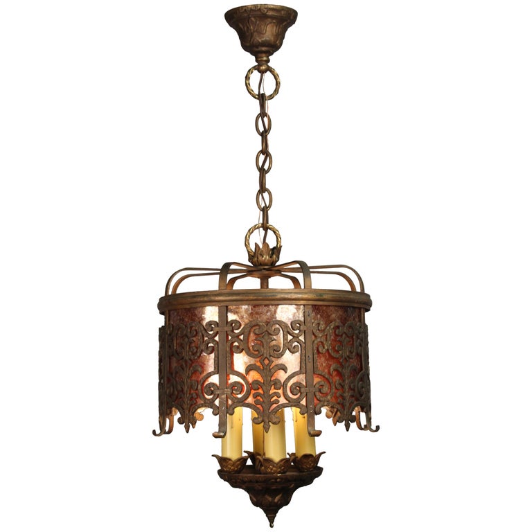 Antique 1920s Elegant And Simple Spanish Revival Wrought Iron Antique Circa 1920s Spanish Revival Chandelier With Original Mica