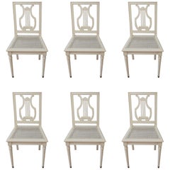 Set of Six Painted Lyre Back Dining Chairs with Caned Seat, Removable Cushions