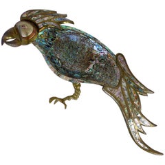 Mexican Mid-Century Modern Mixed Metal and Abalone Parrot Tray by Los Castillo