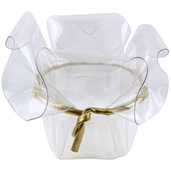 Large Modernist 1970s Crystal Clear Lucite Planter with Gilt Bow