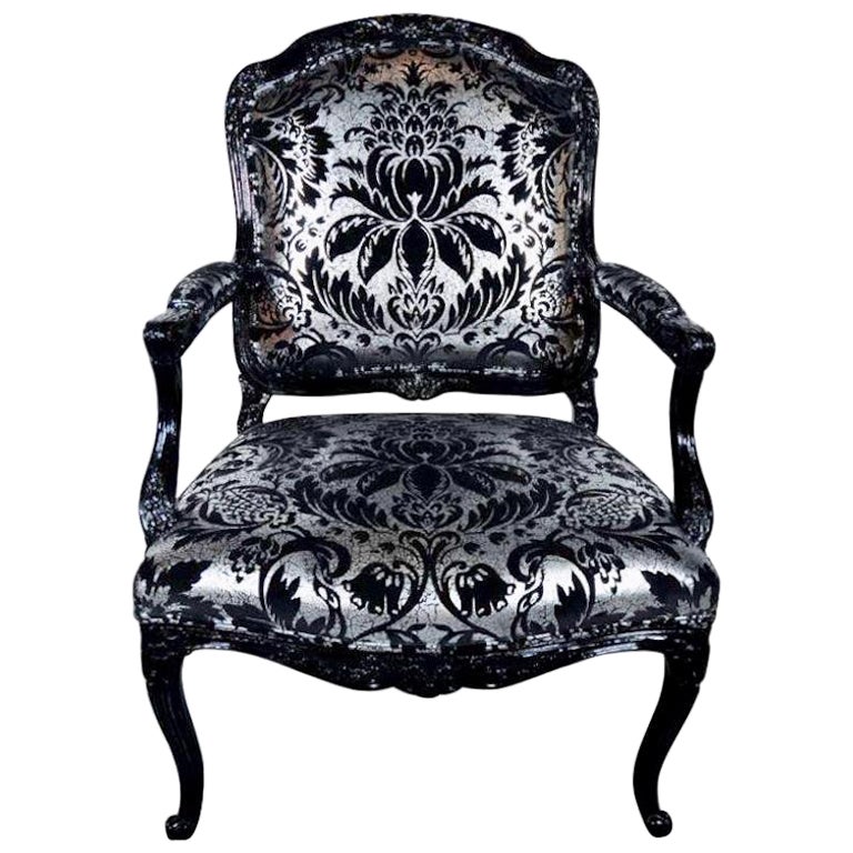 Louis XV Armchair in Black Lacquer and Embossed Silvered Velvet For Sale