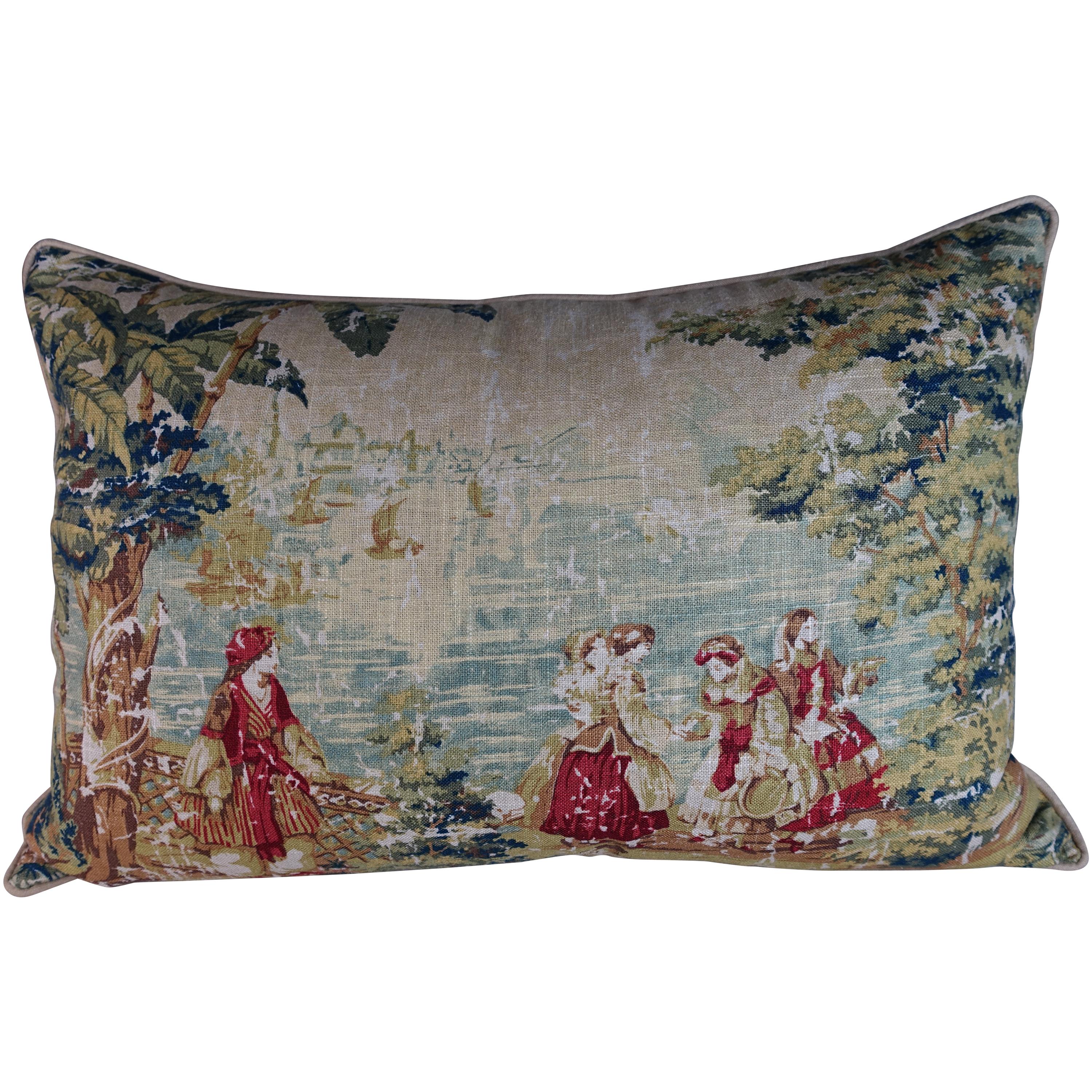 English Printed Linen Pillow with Figural Scene
