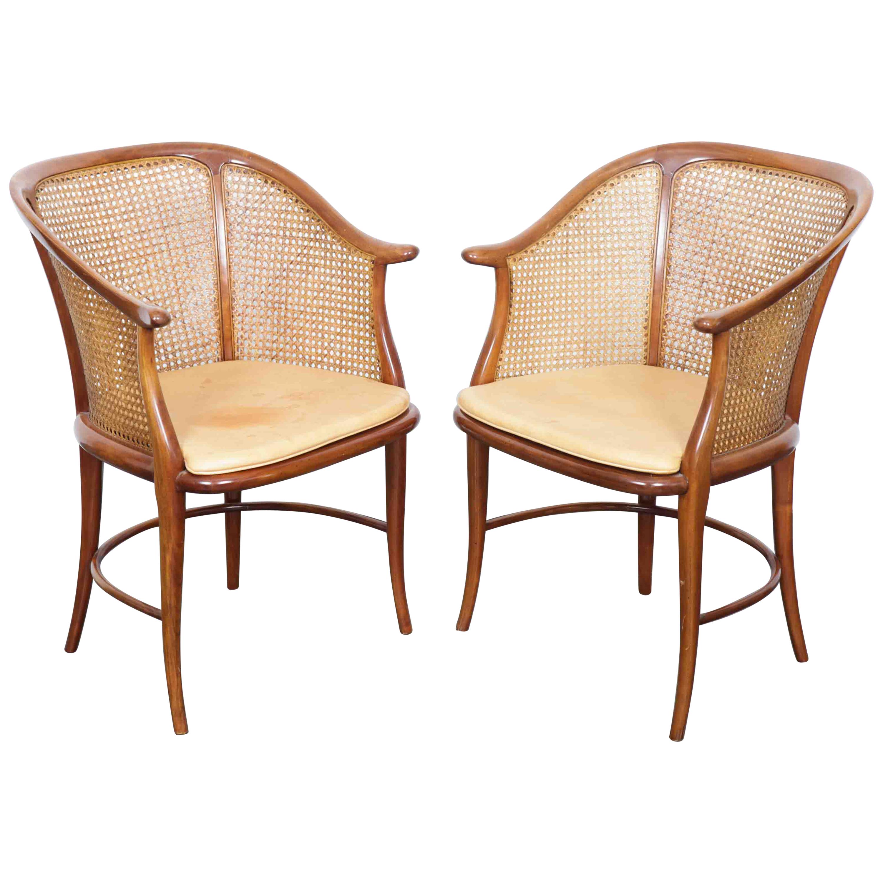Pair of Cane and Leather Italian Chairs with Cherrywood Frames