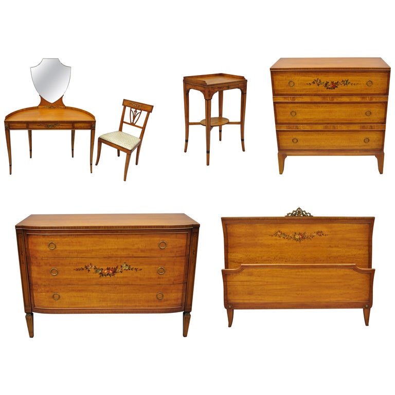Antique Hand-Painted French Adam Style 6-Piece Satinwood Bedroom Set Antique Hand-Painted French Adam Style 6-Piece Satinwood Bedroom Set by Irwin For - Antique Hand-Painted French Adam Style 6-Piece Satinwood Bedroom Set