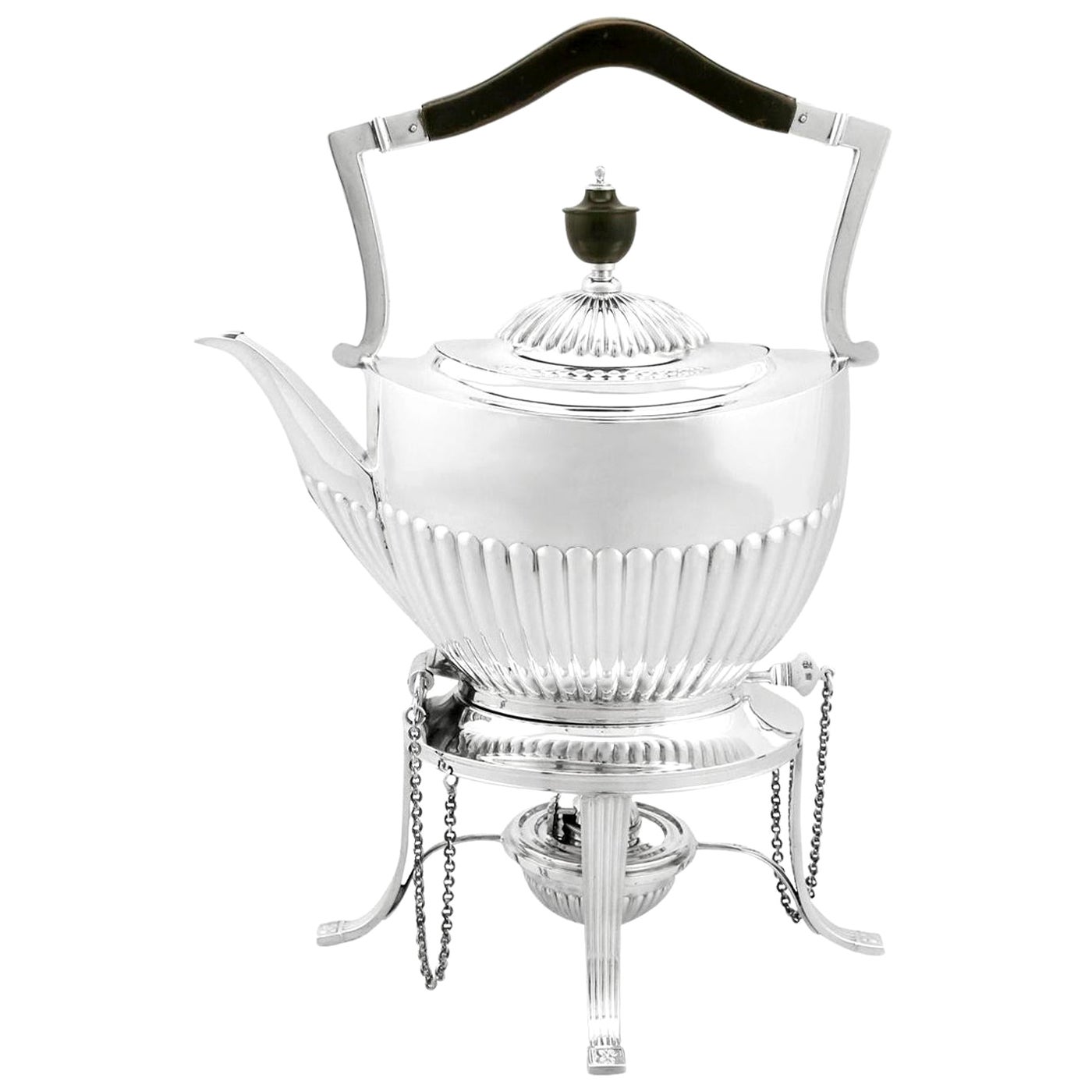 1890s Victorian Queen Anne Style Sterling Silver Spirit Tea Kettle For Sale