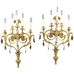 Fine Pair of Late 19th Century Gilt Bronze and French Crystal Five-Light Sconces
