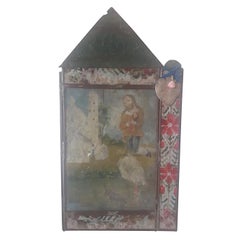 19th Century Retablo, St. Isidro Painted on Tin, in Original Embossed Tin Frame