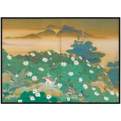 Two-Panel Screen, Wild Turkey Hen and Chicks Between Lotus