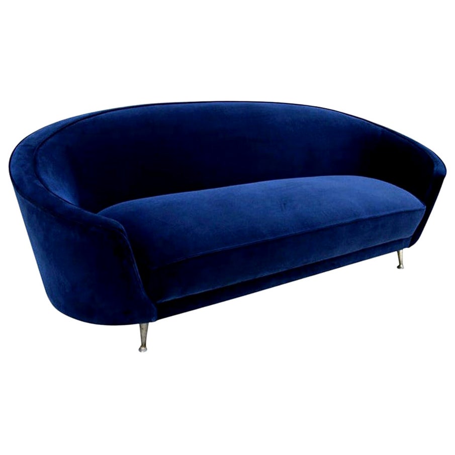 Italian Blue Velvet Curved Sofa in the Style of Ico Parisi, 1960s For Sale
